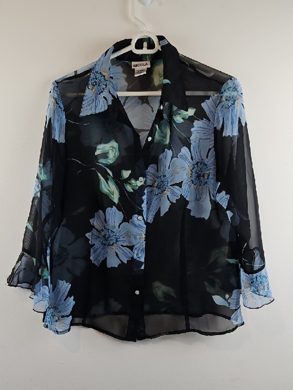 NICOLA Black Sheer Floral Button-Front Blouse with Blue Floral Tank Size Medium - Picture 2 of 8